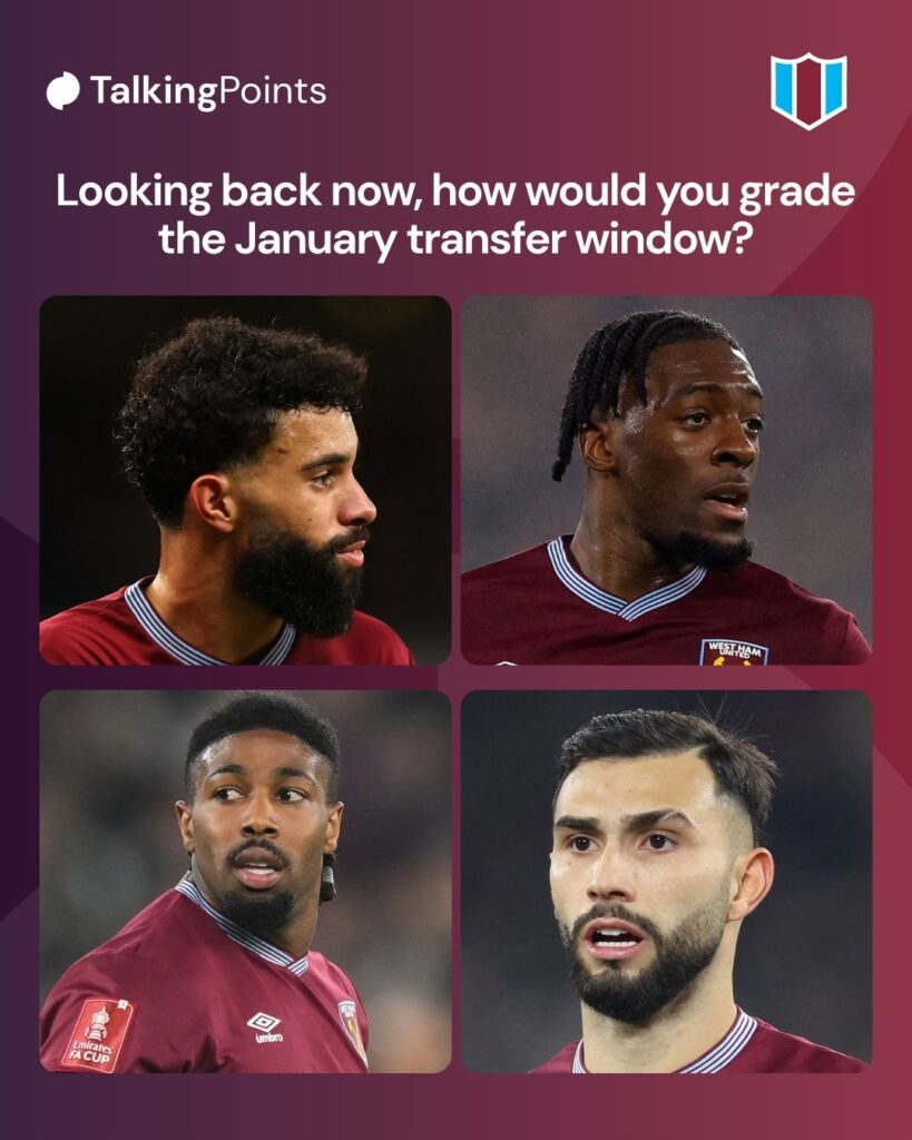 A split image of Pablo Felipe, Axel Disasi, Adama Traore and Taty Castellanos all playing for West Ham. A question reads: "Look back now, how you grade the January transfer window?"