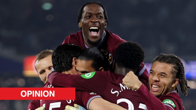 Image showing Axel Disasi celebrating Konstantinos Mavropanos' penalty after West Ham United v Brentford
