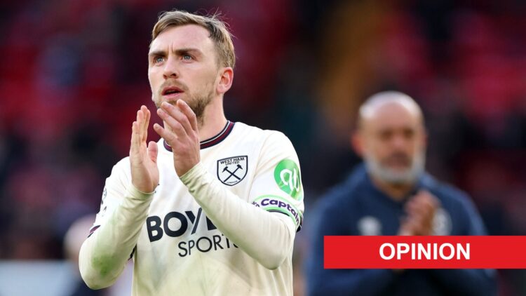 Jarrod Bowen claps the West Ham United fans after they lose to Liverpool. An 'opinion' banner has been added.