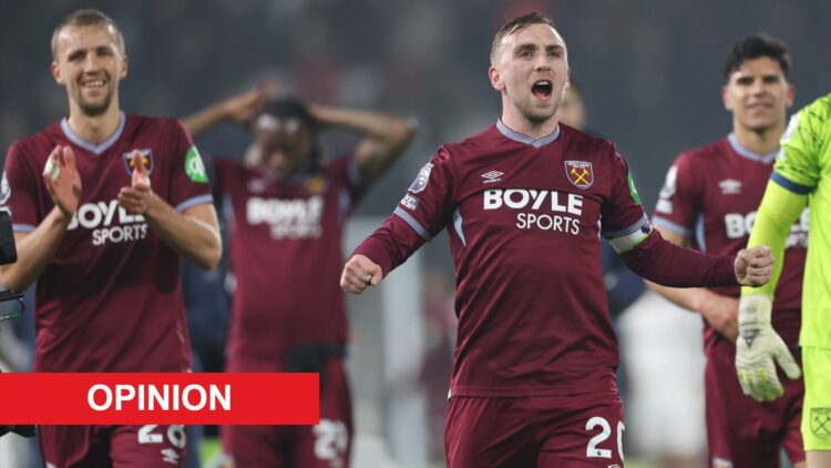 Jarrod Bowen celebrates after West Ham United beat Fulham. An 'opinion' banner has been added.