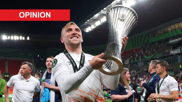 Jarrod Bowen lifts the Conference League trophy after West Ham United beat Fiorentina. An 'opinion' banner has been added.