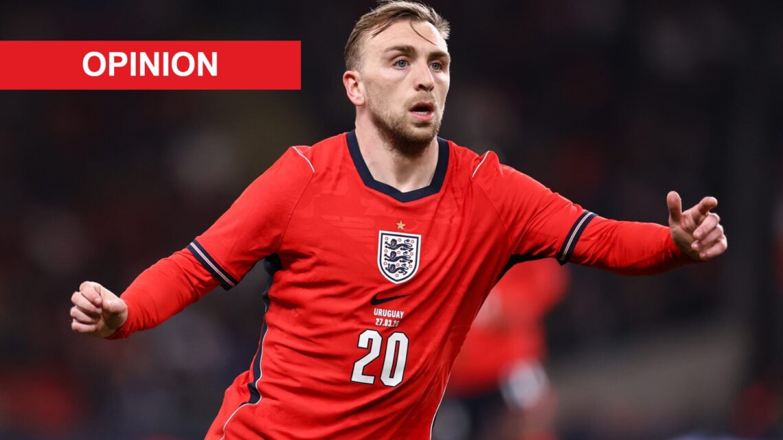 Jarrod Bowen playing for England against Uruguay. An 'opinion' banner has been added.