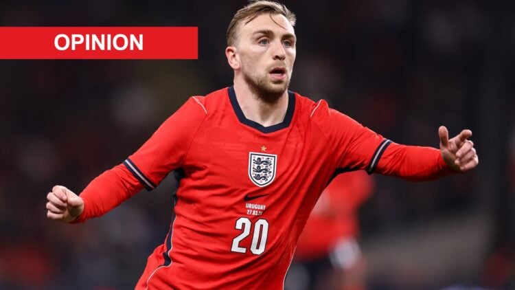 Jarrod Bowen playing for England against Uruguay. An 'opinion' banner has been added.