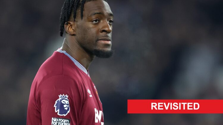 Axel Disasi during West Ham's Premier League game with Manchester United, which ended in a 1-1 draw. A 'revivisted' logo has been added.