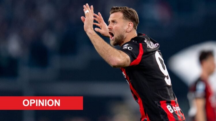 Niclas Fullkrug reacts during AC Milan's Serie A game against Lazio. An 'opinion' banner has been added.