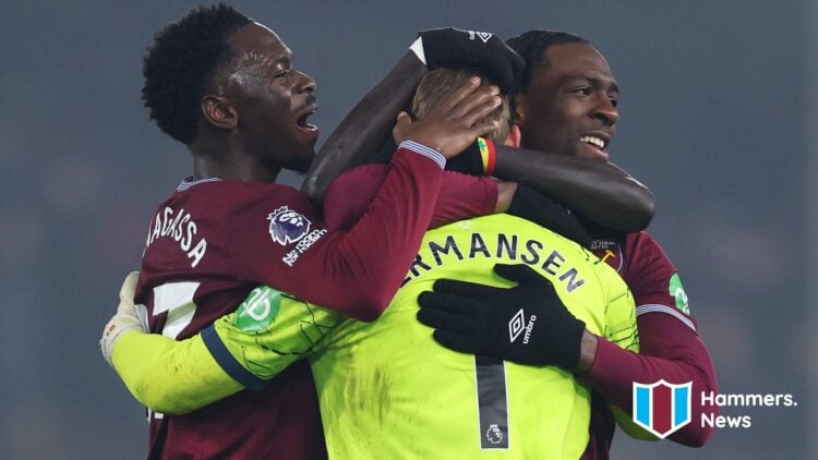 Soungoutou Magassa and Aexl Disasi hug Mads Hermansen after West Ham United beat Fulham in the Premier League. A 'Hammers News' logo has been added.