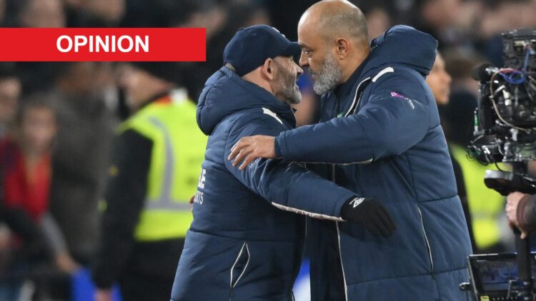 Paco Jemez and Nuno Espirito Santo embrace after West Ham United draw with Manchester City in the Premier League. An 'opinion' banner has been added.