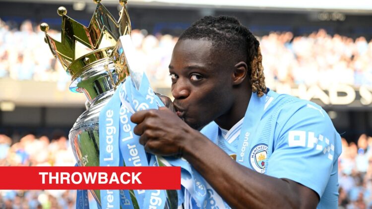 Image showing Jeremy Doku of Manchester City kissing the Premier League Trophy