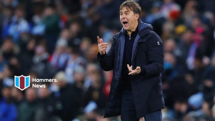Julen Lopetegui reacts on the touchline during Manchester City vs West Ham. A 'Hammers News' logo has been added.