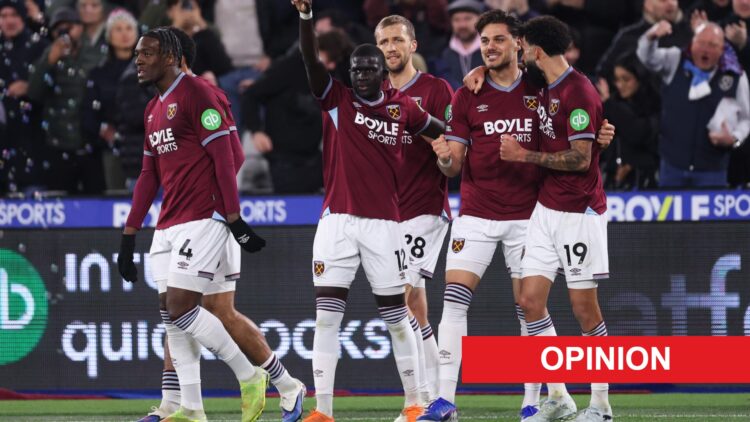 West Ham United players celebrate after Konstantinos Mavropanos scores against Manchester City. An 'opinion' banner has been added.