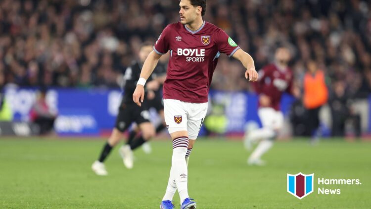 Konstantinos Mavropanos playing for West Ham against Manchester City. A 'Hammers News' logo has been added.