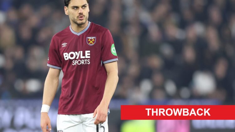 Konstantinos Mavropanos during West Ham United vs Brentford. A 'throwback' banner has been added.