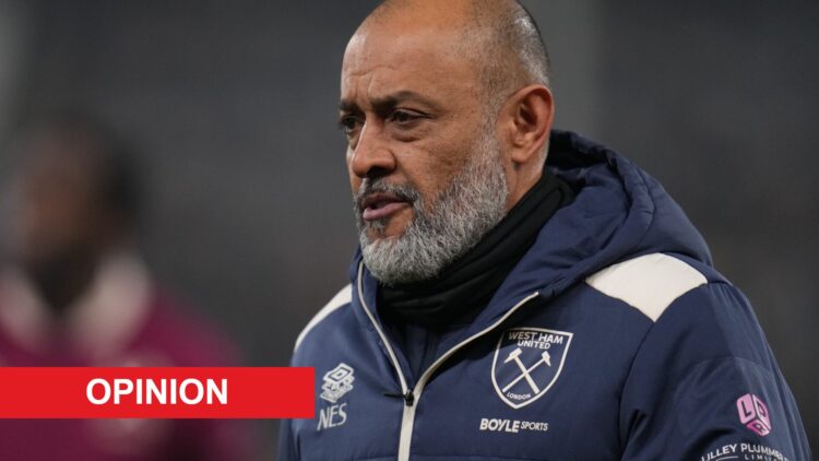 Nuno Espirito Santo is pictured before Fulham vs West Ham United in the Premire League at Craven Cottage. An 'opinion' banner has been added.