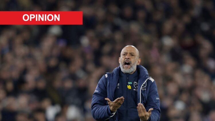 Nuno Espirito Santo gestures on the toucline during West Ham vs Man City. An 'opinion' banner has been added.