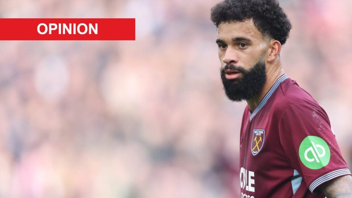 Pablo Felipe playing for West Ham against Sunderland. An 'opinion' banner has been added.