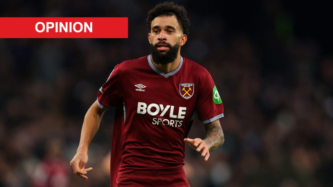 Pablo Felipe during West Ham's Premier League game against Tottenham. An 'opinion' banner has been added.