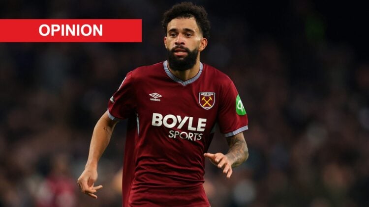 Pablo Felipe during West Ham's Premier League game against Tottenham. An 'opinion' banner has been added.