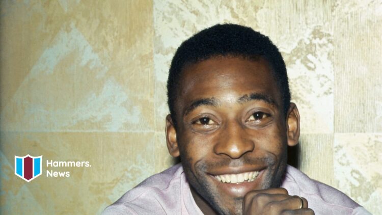 A photograph of Pele during his days as a Santos player. A 'Hammers News' logo has been added.