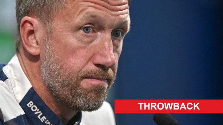 Graham Potter speaking during a West Ham United press conference. A 'throwback' banner has been added.