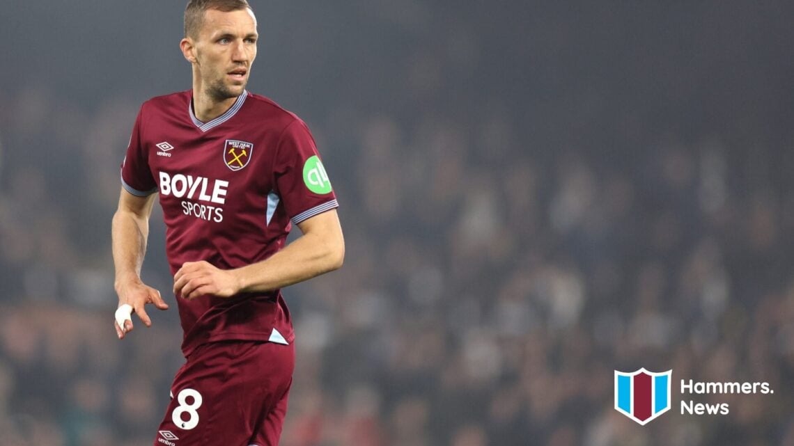 Tomas Soucek playing for West Ham against Fulham. A 'Hammers News' logo has been added.