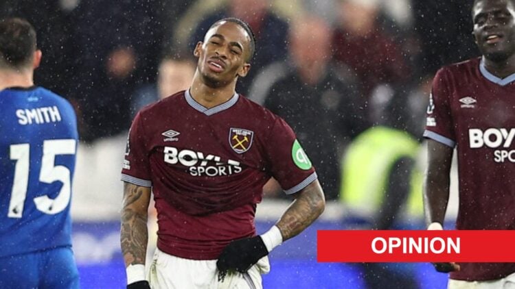 Crysencio Summerville looks dejected after West Ham United draw with Bournemouth in the Premier League. An 'opinion' banner has been added.