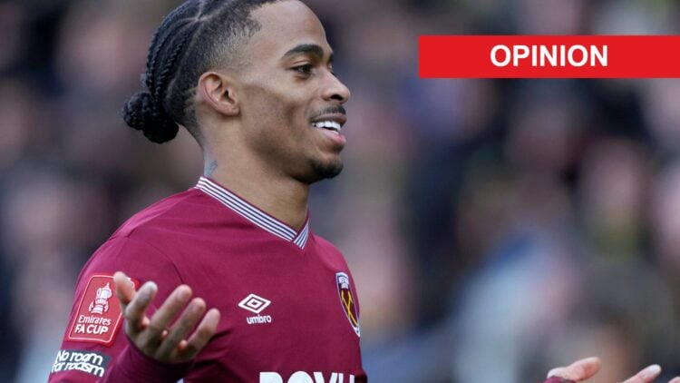 Crysencio Summerville celebrates after scoring West Ham United's only goal against Burton in the FA Cup on 14/02/2026. An 'opinion' banner has been...