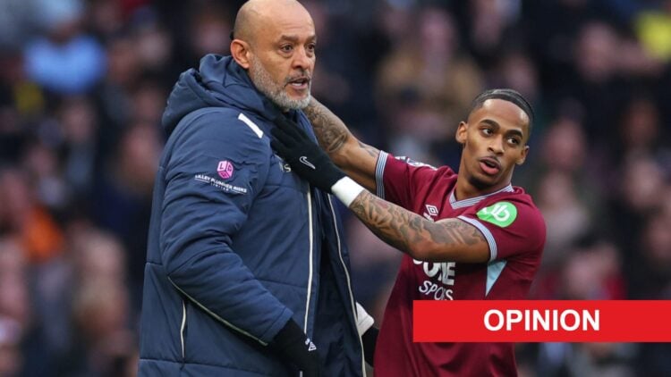 Crysencio Summerville celebrates with Nuno Espírito Santo after scoring for West Ham United against Tottenham. An 'opinion' banner has been added.