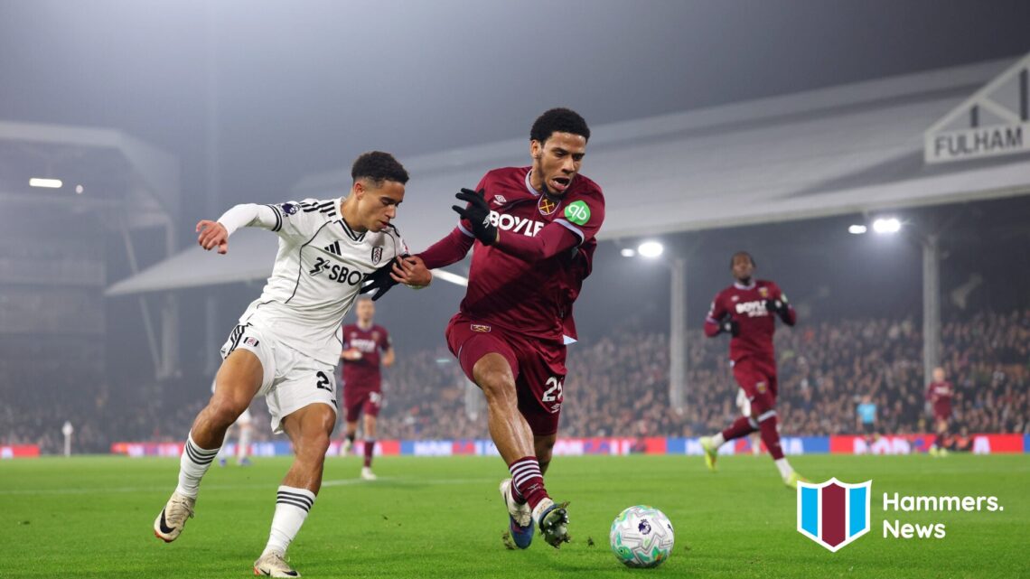 Jean-Clair Todibo playing for West Ham United against Fulham. A 'Hammers News' site logo has been added.