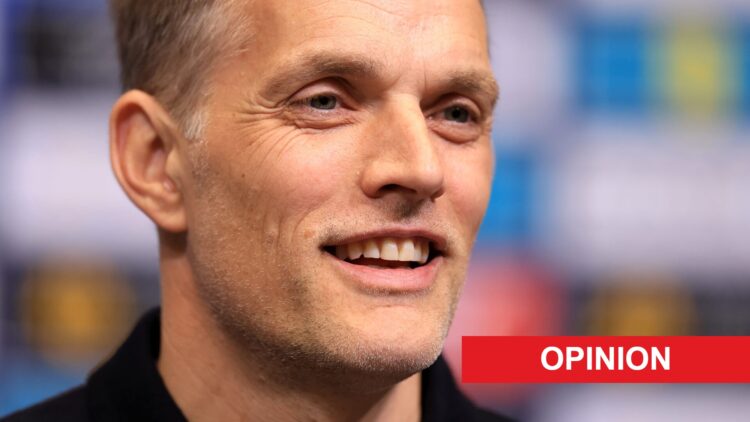 England head coach Thomas Tuchel speaking during a press conference. An 'opinion' banner has been added.