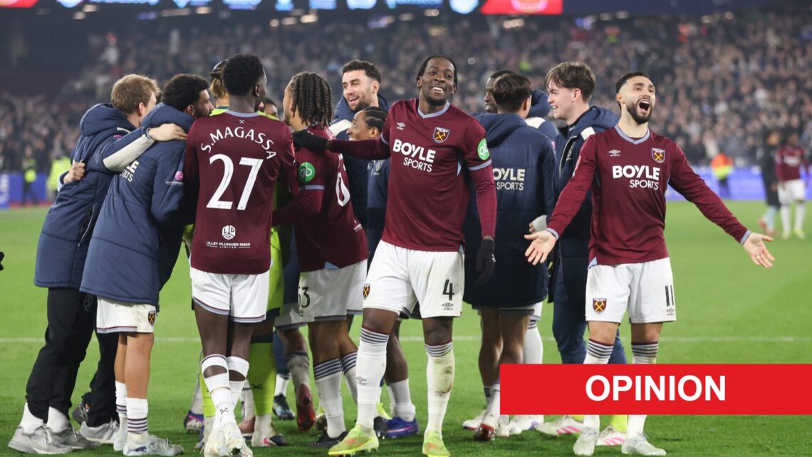 West Ham players celebrate after they beat Brentford 5-3 on penalties in the FA Cup fifth round. An 'opinion' banner has been added.