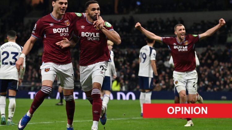 Callum Wilson celebrates with West Ham United teammates after scoring against Tottenham. An 'opinion' banner has been added.