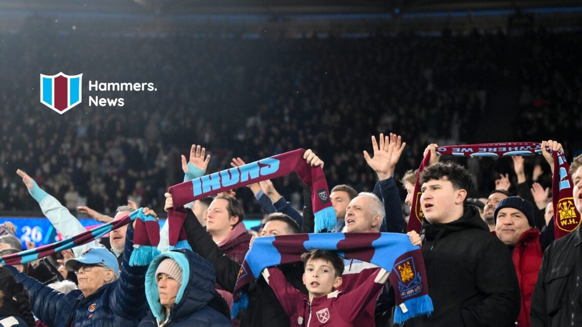 West Ham United fans in full voice during their side's Premier League match against Bournemouth. A 'Hammers News' logo has been added.