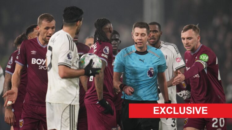 West Ham and Fulham players speak to referee Matt Donohue during their Premier League match. An 'exclusive' banner has been added.