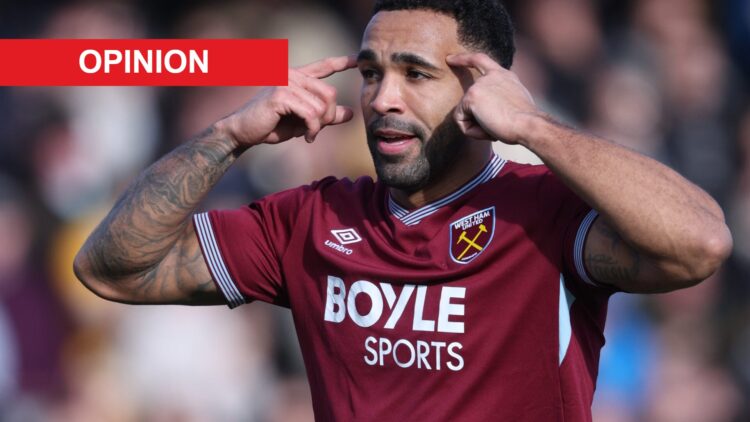 Callum Wilson reacts during West Ham's FA Cup game against Burton. An 'opinion' banner has been added.