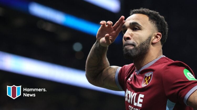 Callum Wilson celebrates after scoring for West Ham United against Tottenham. A 'Hammers News' logo has been added.
