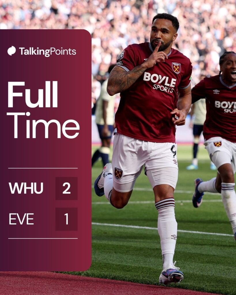 A grapich showing the full-time score between West Ham United and Everton (2-1) in the Premier League on 25/04/2026.