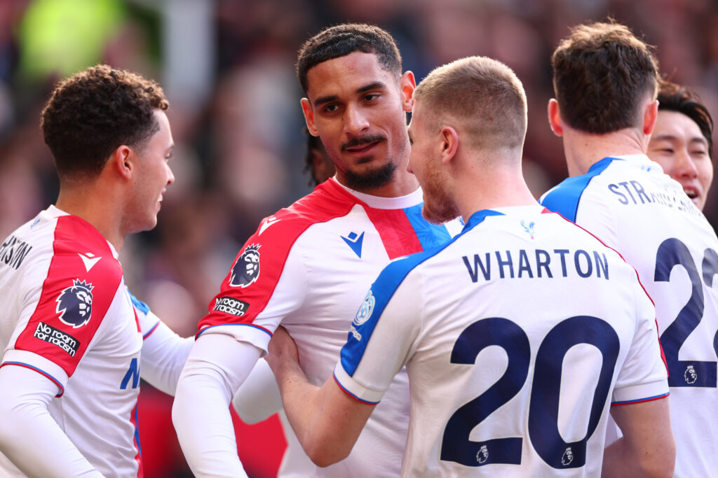 Maxence Lacroix of Crystal Palace celebrates with Adam Wharton - Manchester United v Crystal Palace - Premier League