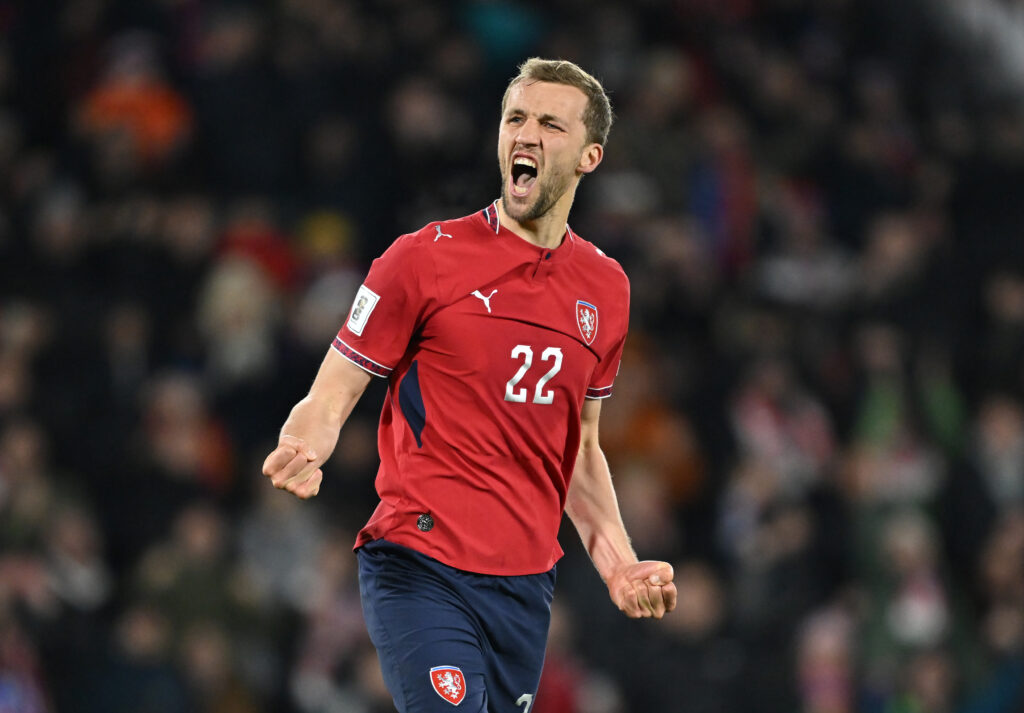 Tomas Soucek of Czechia celebrates scoring his teams second penalty in the shootout during the FIFA World Cup 2026 European Qualifiers KO play-offs match between Czechia and Denmark