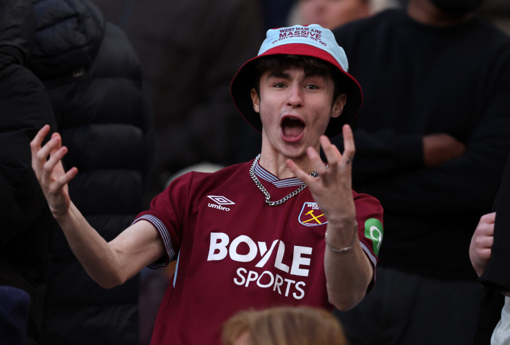 A West Ham United fan celebrates during the Emirates FA Cup Quarter Final match against Leeds