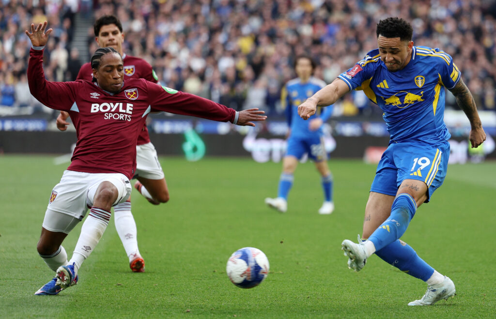 Noah Okafor of Leeds United shoots under pressure from Kyle Walker-Peters of West Ham United during the Emirates FA Cup Quarter Final match between West Ham United and Leeds United