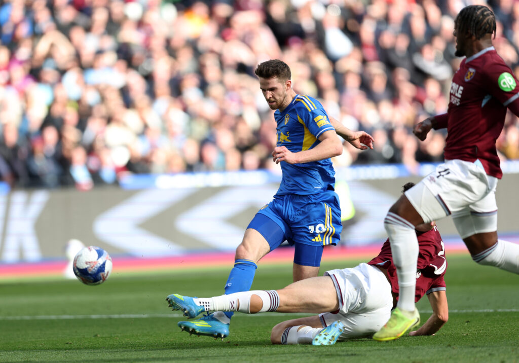 Anton Stach is challenged by Max Kilman of West Ham United during the Emirates FA Cup Quarter Final match between West Ham and Leeds