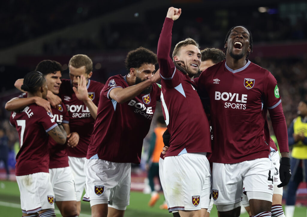 Jarrod Bowen and Axel Disasi during West Ham United v Wolverhampton Wanderers - Premier League