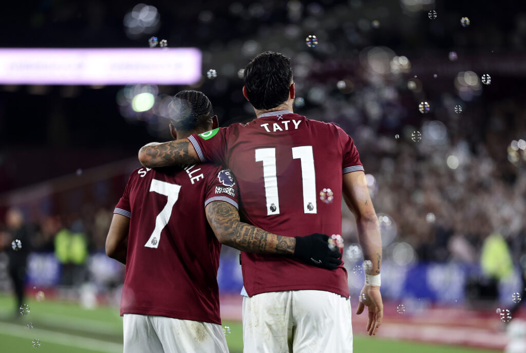 Taty Castellanos of West Ham United celebrates scoring his team's third goal with Crysencio Summerville - West Ham United v Wolverhampton Wanderers - Premier League