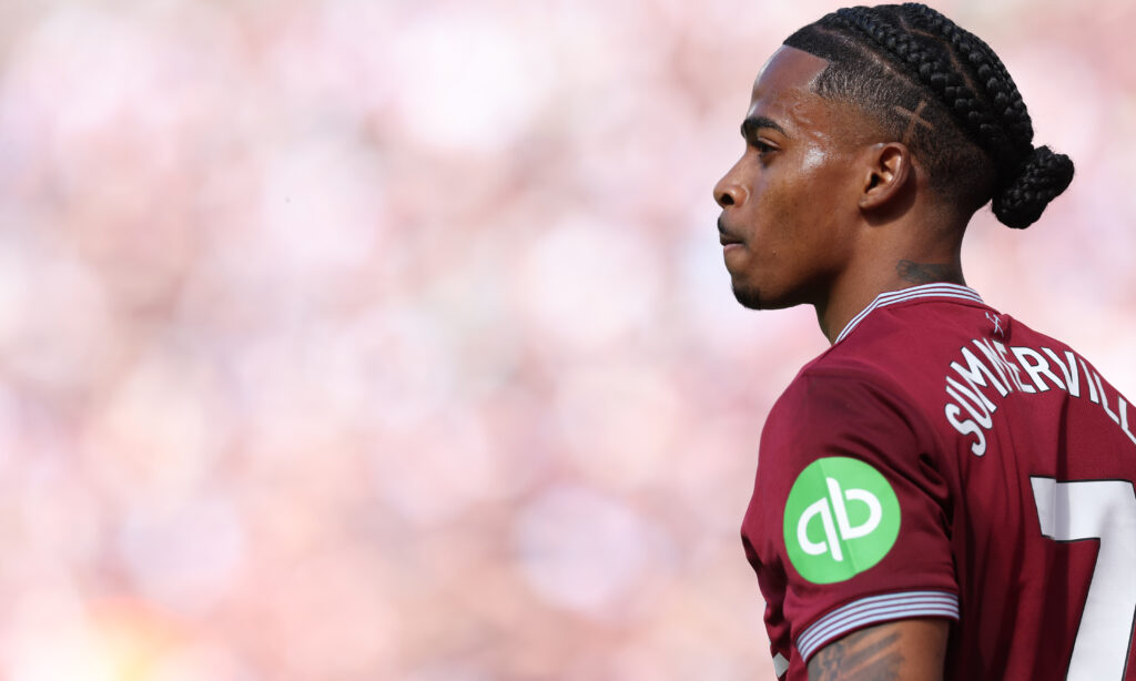 Crysencio Summerville playing for West Ham United against Everton.