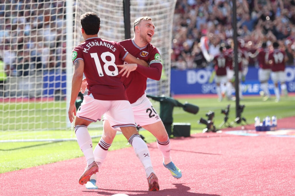 Jarrod Bowen and Mateus Fernandes celebrate during West Ham United v Everton - Premier League