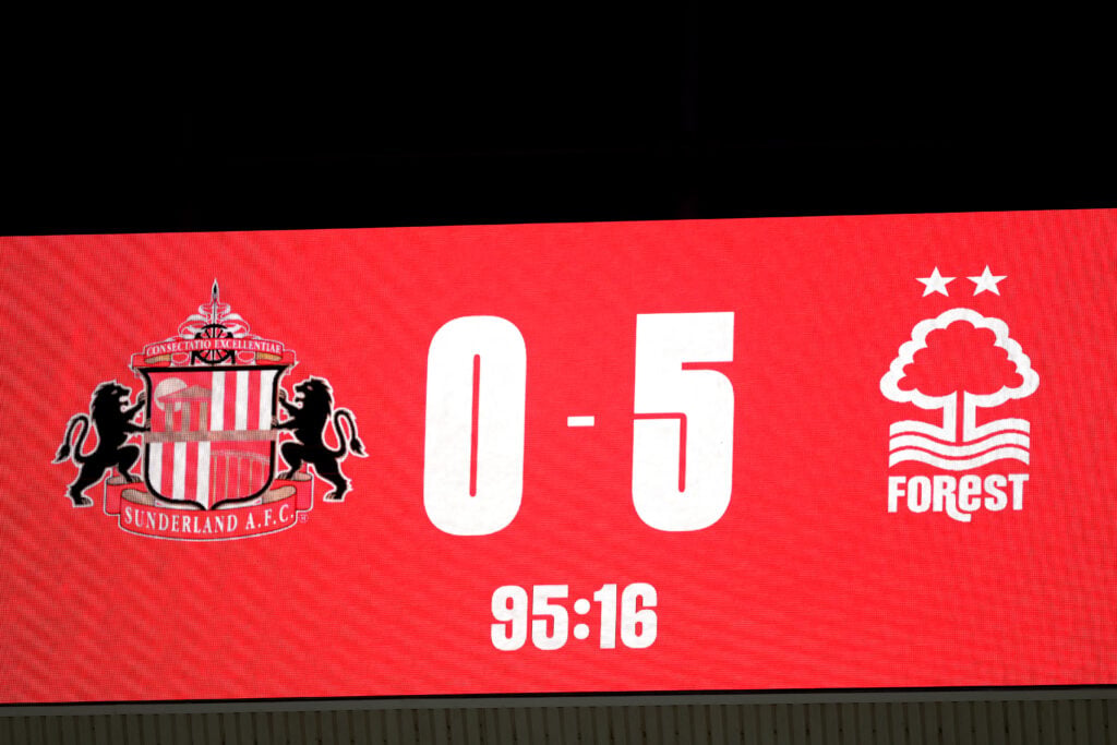 A detailed view as the LED screen on the inside of the stadium displays the scoreline of Sunderland 0 - 5 Nottingham Forest.