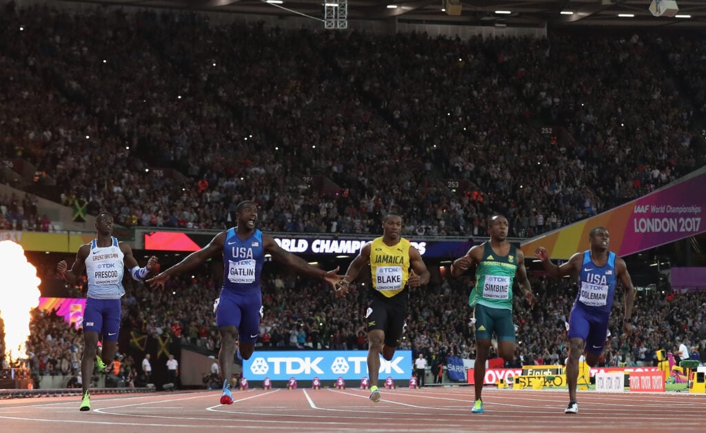(L-R) Reece Prescod of Great Britain, Justin Gatlin of the United States, (Winner) Yohan Blake of Jamaica, Akani Simbine of South Africa and Christian Coleman of the United States compete in the men's 100m final during day two of the 16th IAAF World Athletics Championships