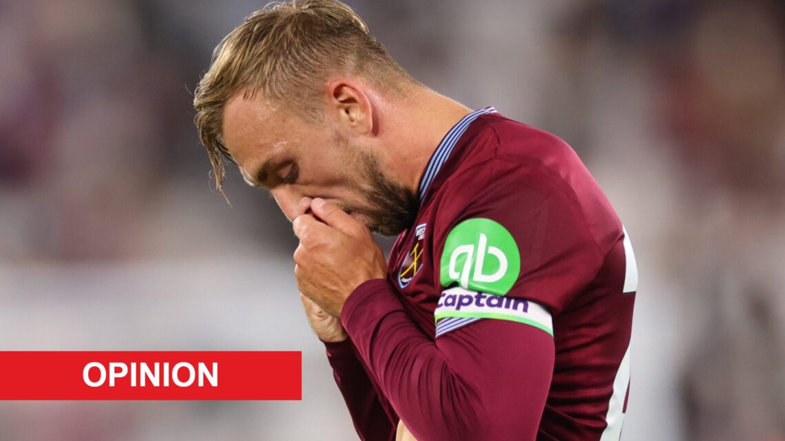 Jarrod Bowen during West Ham United v Chelsea - Premier League. An 'opinion' banner has been added.