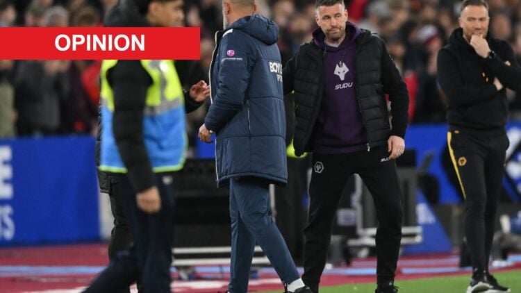 Rob Edwards and Nuno Espirito Santo on the touchline during West Ham vs Wolves. An 'opinion' banner has been added.