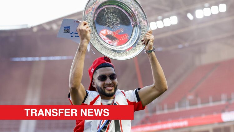 Image showing Ismael Saibari of PSV Eindhoven with the championship trophy